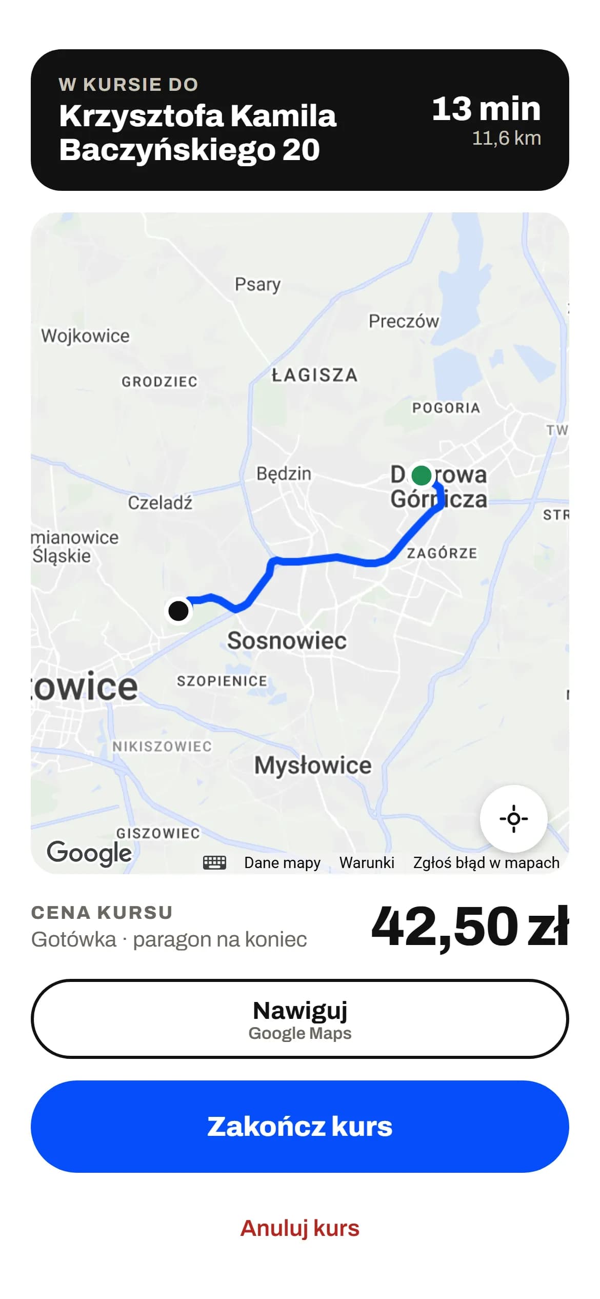 Aplikacja kierowcy: jazda w kursie z trasą na mapie