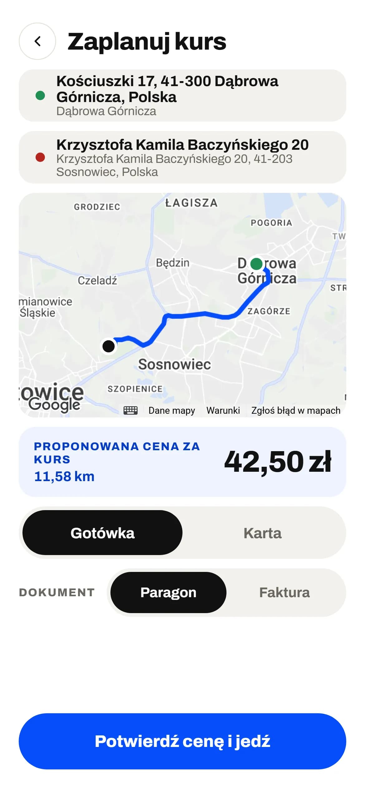Aplikacja kierowcy: zaplanowany kurs z Dąbrowy Górniczej do Sosnowca, cena z góry 42,50 zł