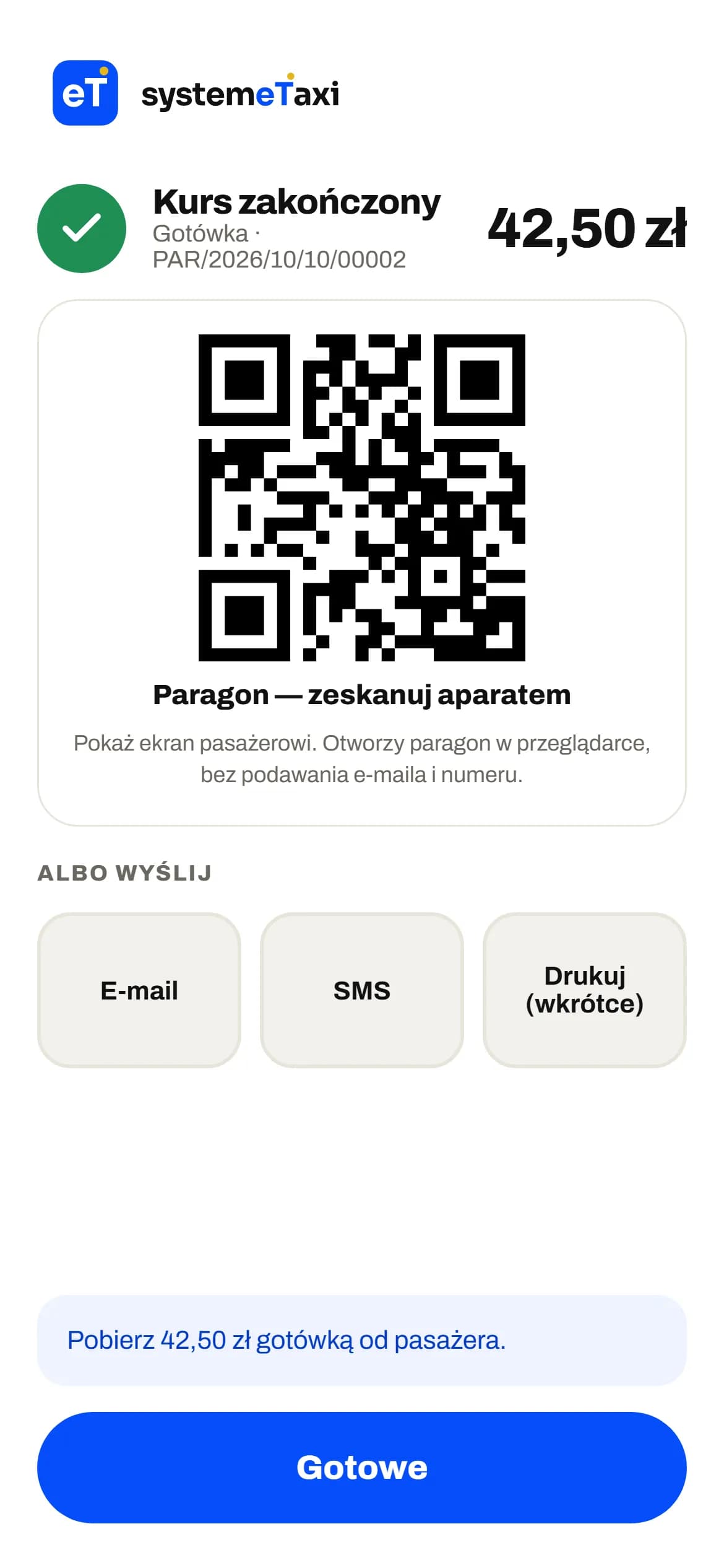 Aplikacja kierowcy: paragon po kursie — kod QR, e-mail albo SMS